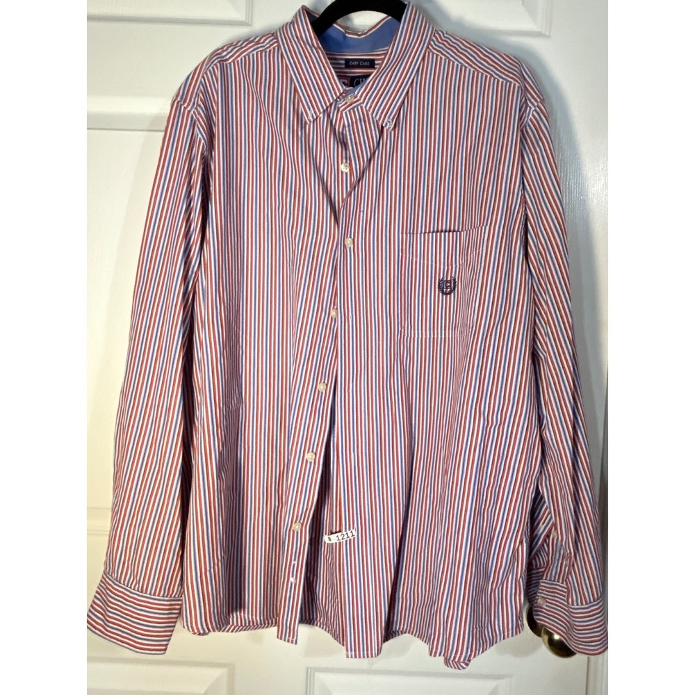 CHAPS Men's XL Easy Care Striped Button Down Shirt‎ Red Blue White Cotton Blend